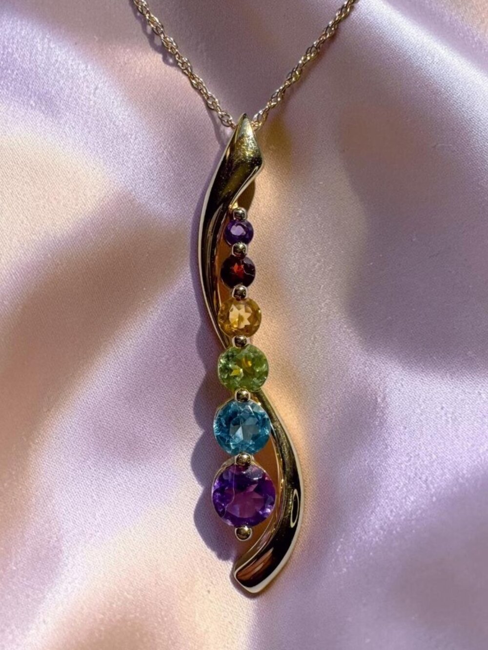 10k Gold Rainbow Journey Necklace 18" Natural Citrine Garnet Amethyst Chakra